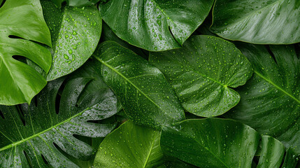 Fototapeta premium Dense tropical foliage with dew covered leaves creates refreshing atmosphere