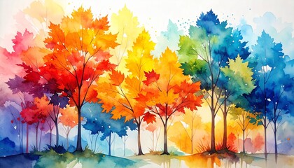 Watercolor painting depicting a vibrant forest with trees showcasing a spectrum of colors from red and orange to yellow, green, and blue.