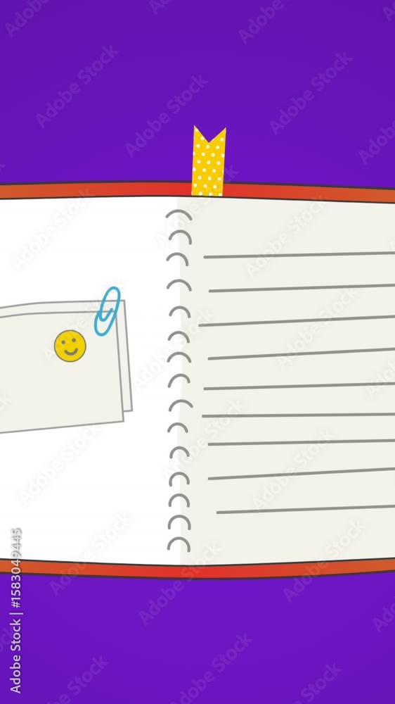 Poster animation of open diary icon against purple background with copy space