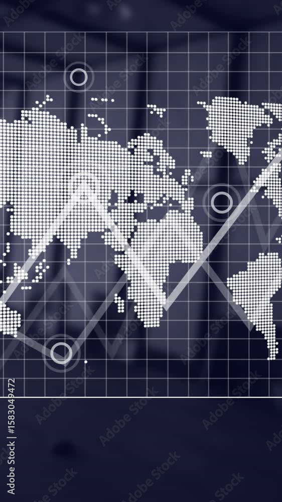 Poster animation of world map and data processing over office