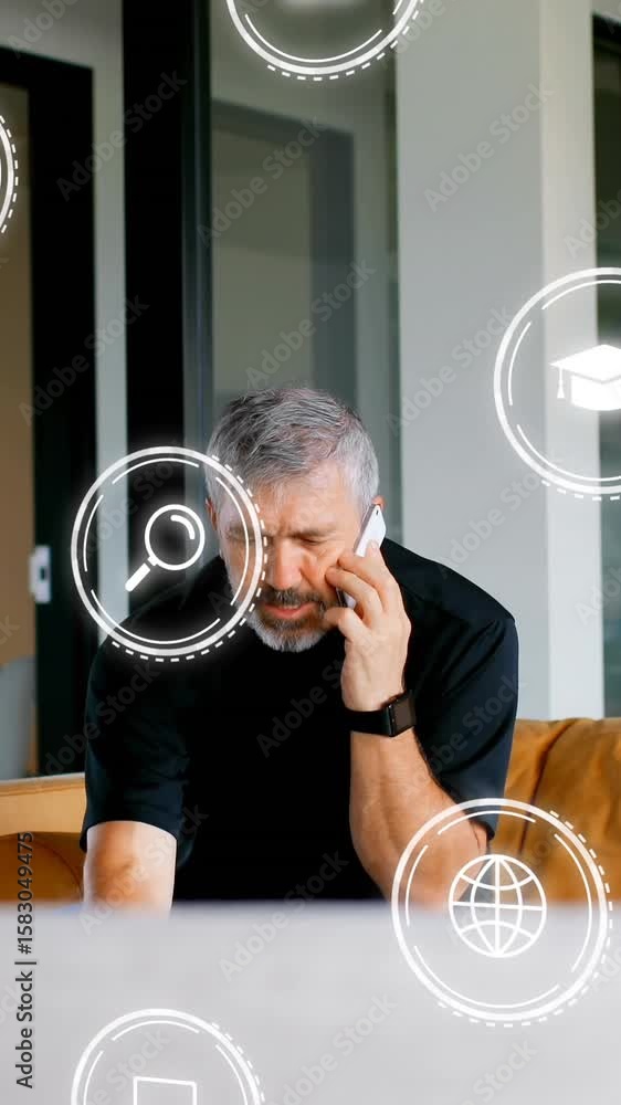 Poster animation of digital icons with data processing over caucasian businessman in office