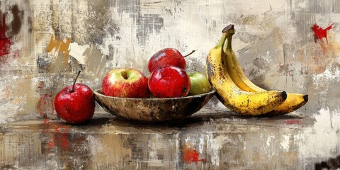 A rustic still life painting of apples and bananas in a bowl with textured, earthy background and abstract brushstrokes.