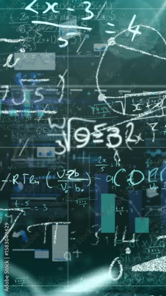 Poster animation of mathematical equations, data processing and statistics
