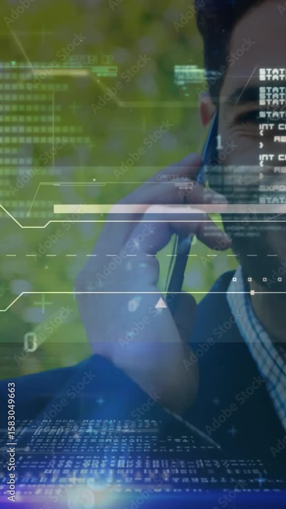 Aufkleber animation of interface with data processing over man talking on smartphone outdoors
