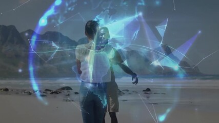 Couple spinning on beach, creating blue network lines and 3D globe symbolizing tech connectivity - Powered by Adobe