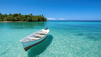 Fototapeta premium Serene fishing boat anchored in clear turquoise waters near lush island