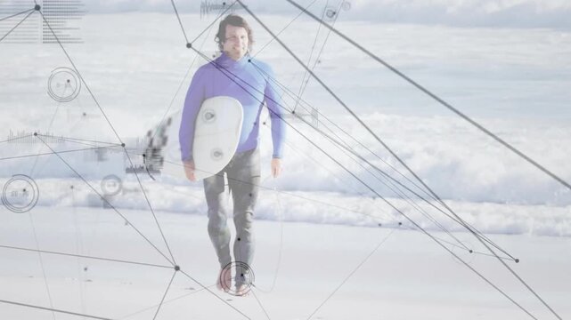 Clip opening showing surfer holding board walking shore generating animated network HUD overlay