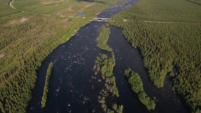 Drone view of the E45 road bridge and nearby rail bridge spanning the Kalixalven River