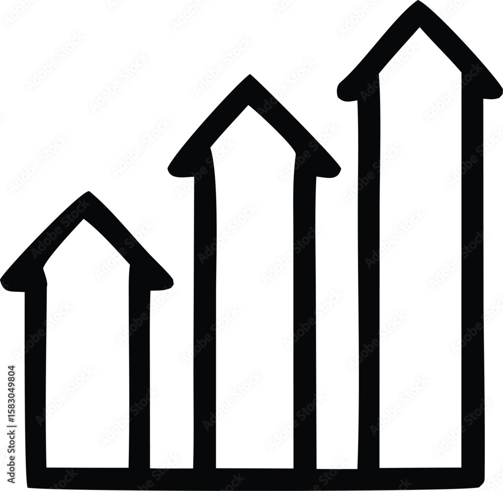Poster simple black and white illustration of three increasing bar graph arrows symbolizing growth and prog