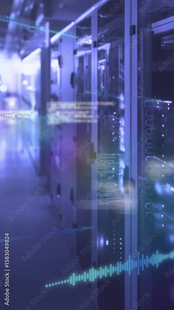 Poster animation of data processing and light spot against computer server room