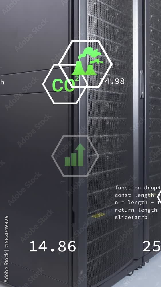 Poster animation of green technology icons and coding over data server room