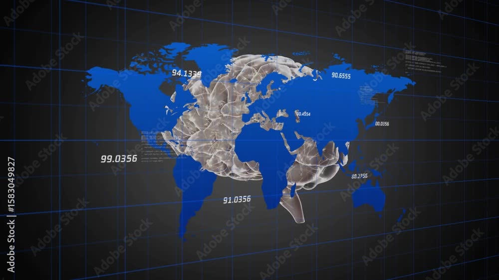 Poster grid plane appearing triggers world map projection and mesh cluster rotating, revealing data labels