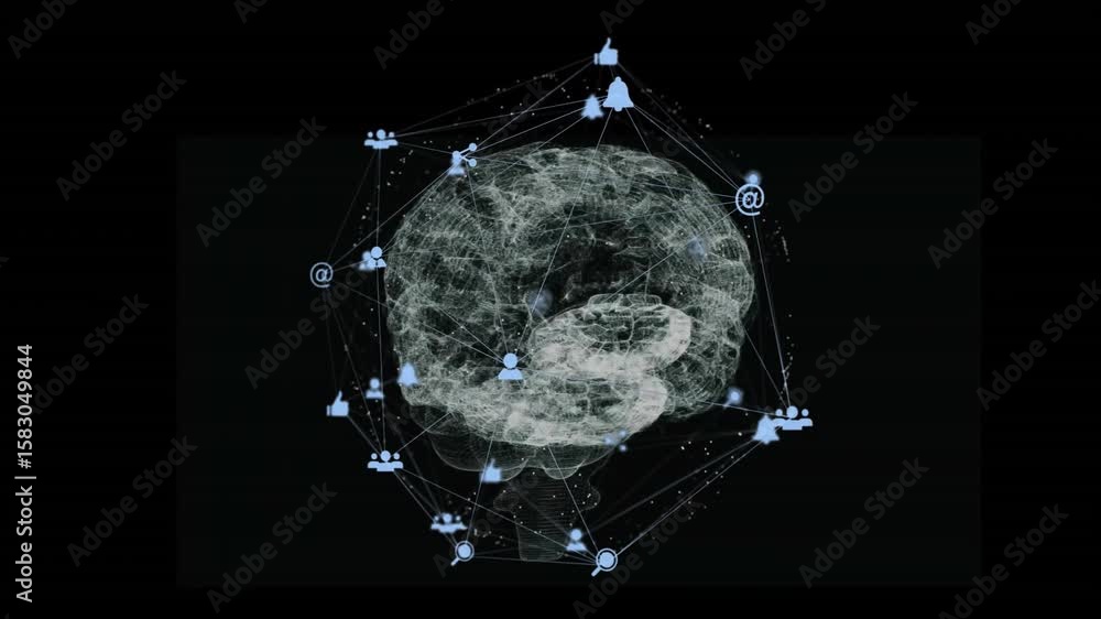 Poster static fading as nodes forming brain wireframe, icons pulsing, rotating mesh representing data flow