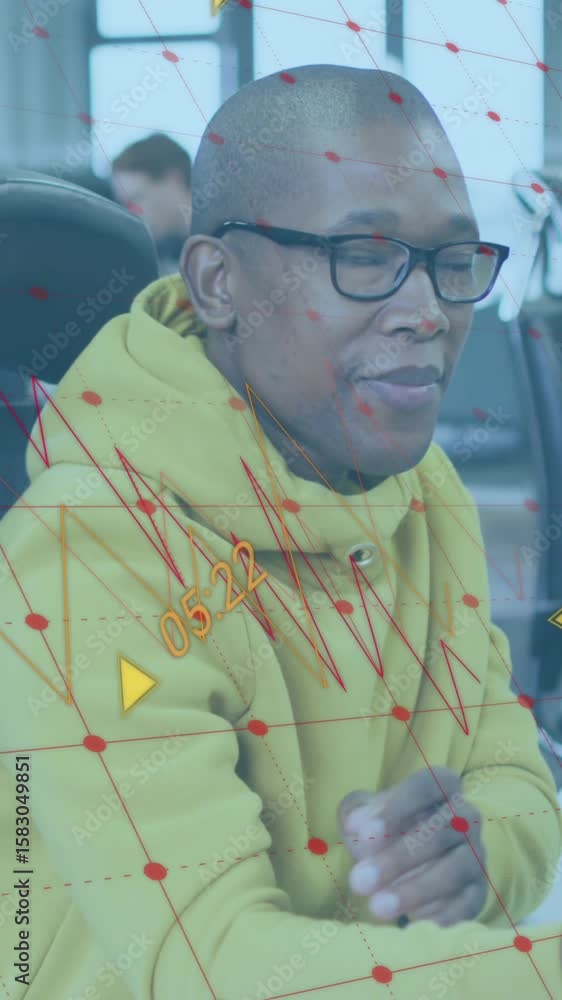 Aufkleber animation of data processing against portrait of man holding a document smiling at office