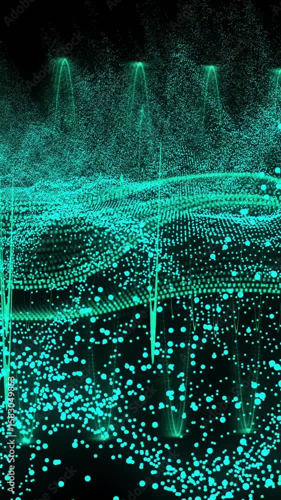 Poster animation of light trails and data processing over black background
