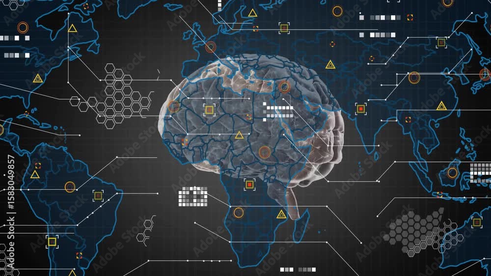 Poster floating 3d brain splitting, tracing world map, popping icons, pulsing links, densifying network