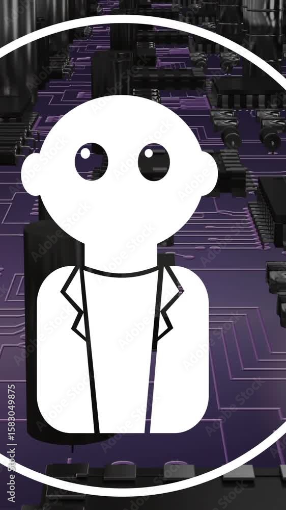 Poster animation of digital data processing and ai chatbot icon over circuit board