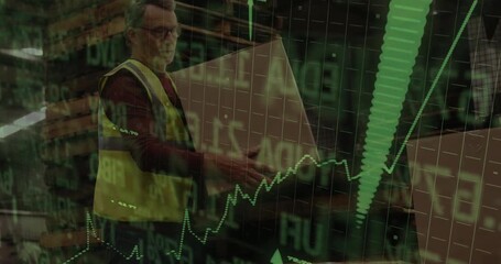 Senior warehouse worker bending and lifting boxes in storage area, causing green line chart growth - Powered by Adobe