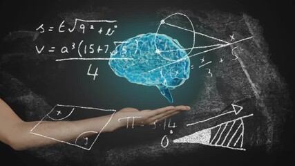 Chalk equations finishing, arm extending left summoning Earth hologram morphing into rotating brain - Powered by Adobe