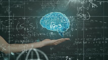 Grid showing equations, hand raising 3D brain, symbols shifting to abc showing learning - Powered by Adobe