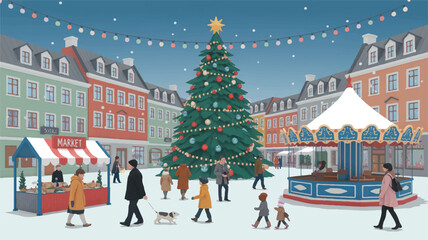 Winter town square festive celebration vector