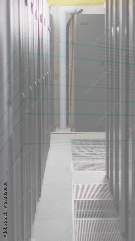 Poster animation of scope scanning with cloud and padlock icon over server room
