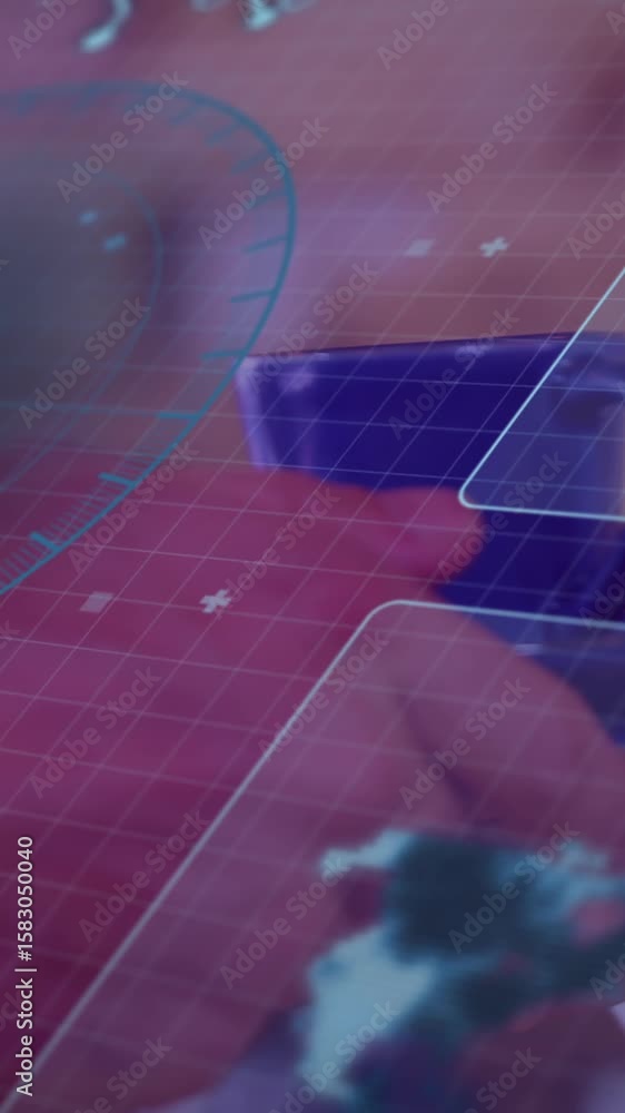 Poster animation of financial data processing over people using payment terminal