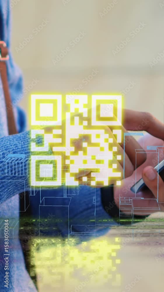 Poster animation of data processing over woman using smartphone