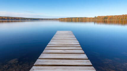 Naklejka premium Serene dock extends over calm water, surrounded by autumn foliage reflecting in still lake