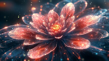 Glowing red and orange flower blooming in dark space