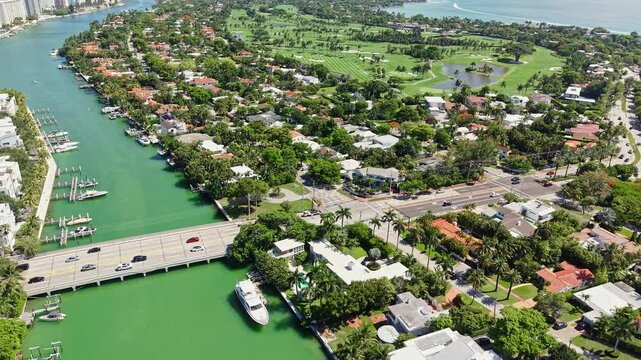 La Gorce Island and Neighborhood of Miami Beach, Drone View of Traffic, Homes and Landscape