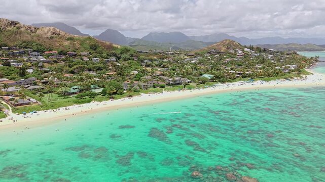 Lanikai Beach Scenery, Oahu Island, Hawaii. Drone View of Sandy Shoreline and Landscape on Sunny Day