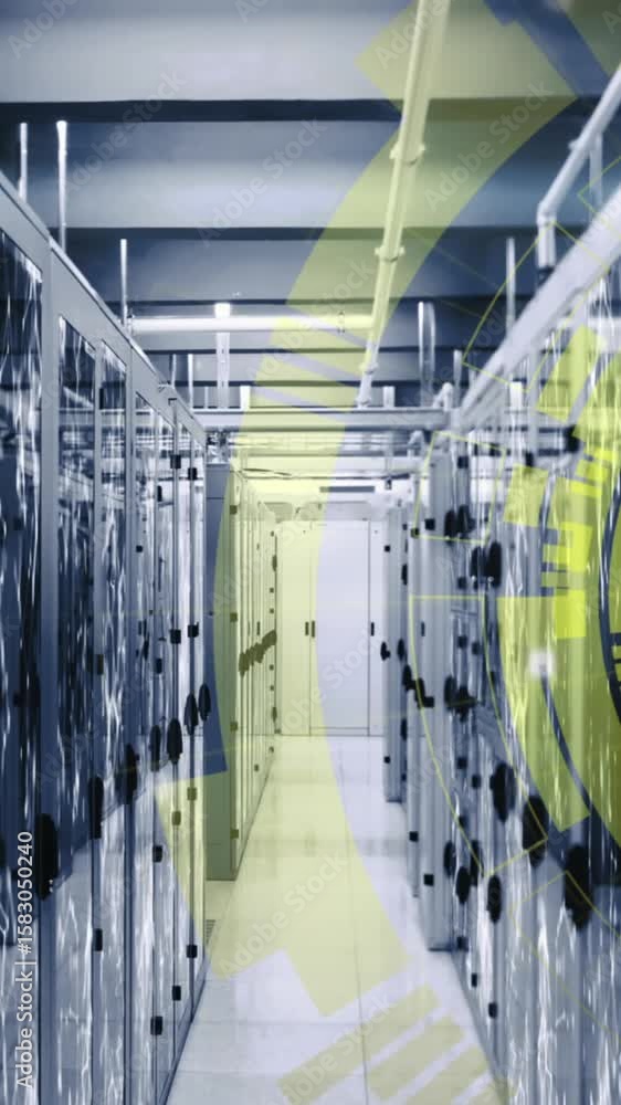 Poster animation of loading circles and connected dots on server racks of server room