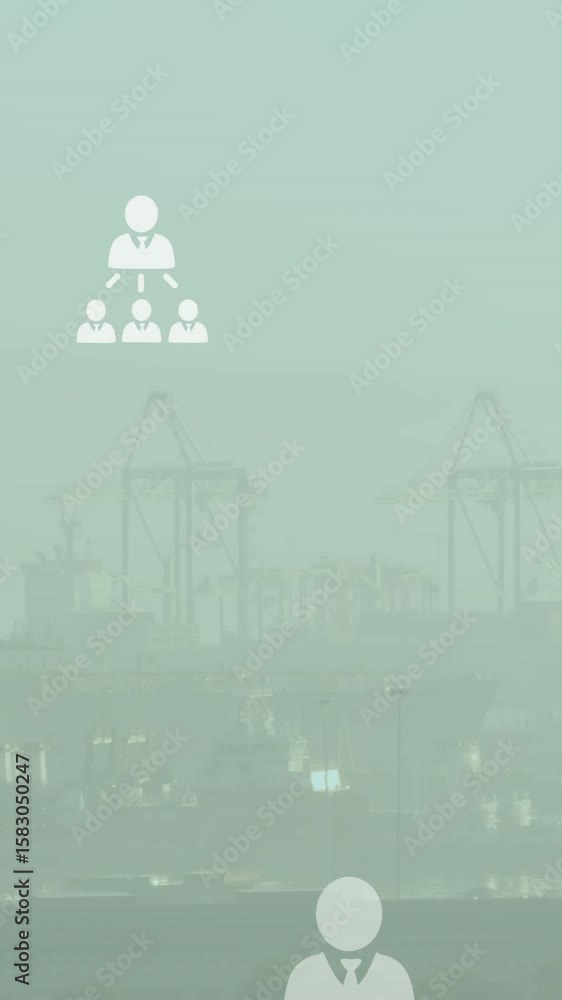 Poster animation of network of profile icons floating against aerial view of cityscape