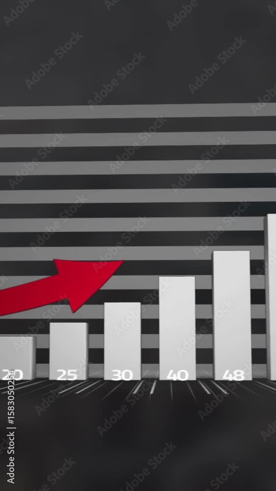 Poster animation of data processing and red arrow over cityscape background