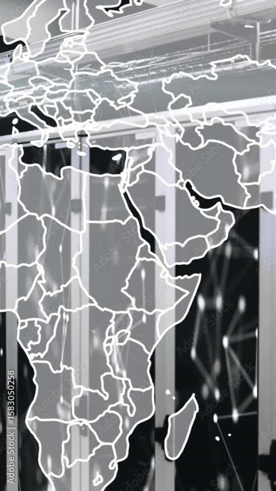 Poster animation of map over connected dots on server racks of server room
