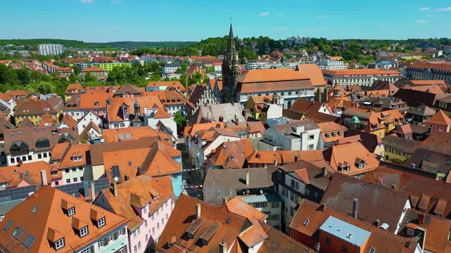 4K Aerial Drone Video of the Historic St. Johannis Church in the Old Town area of Downtown Ansbach, Germany