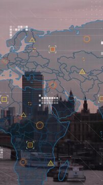 Animation of world map and data processing over london cityscape