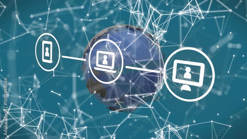 Poster starting on teal field rotating globe, fading mesh and linking icons showing global connectivity