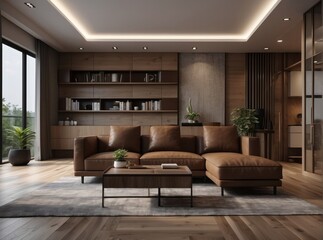 Elegant interior design of modern living room with brown leather sofa