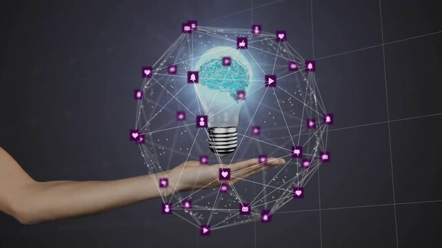 3D sphere materializing above open hand while rotating and pulsing lightbulb visualizing idea - Powered by Adobe