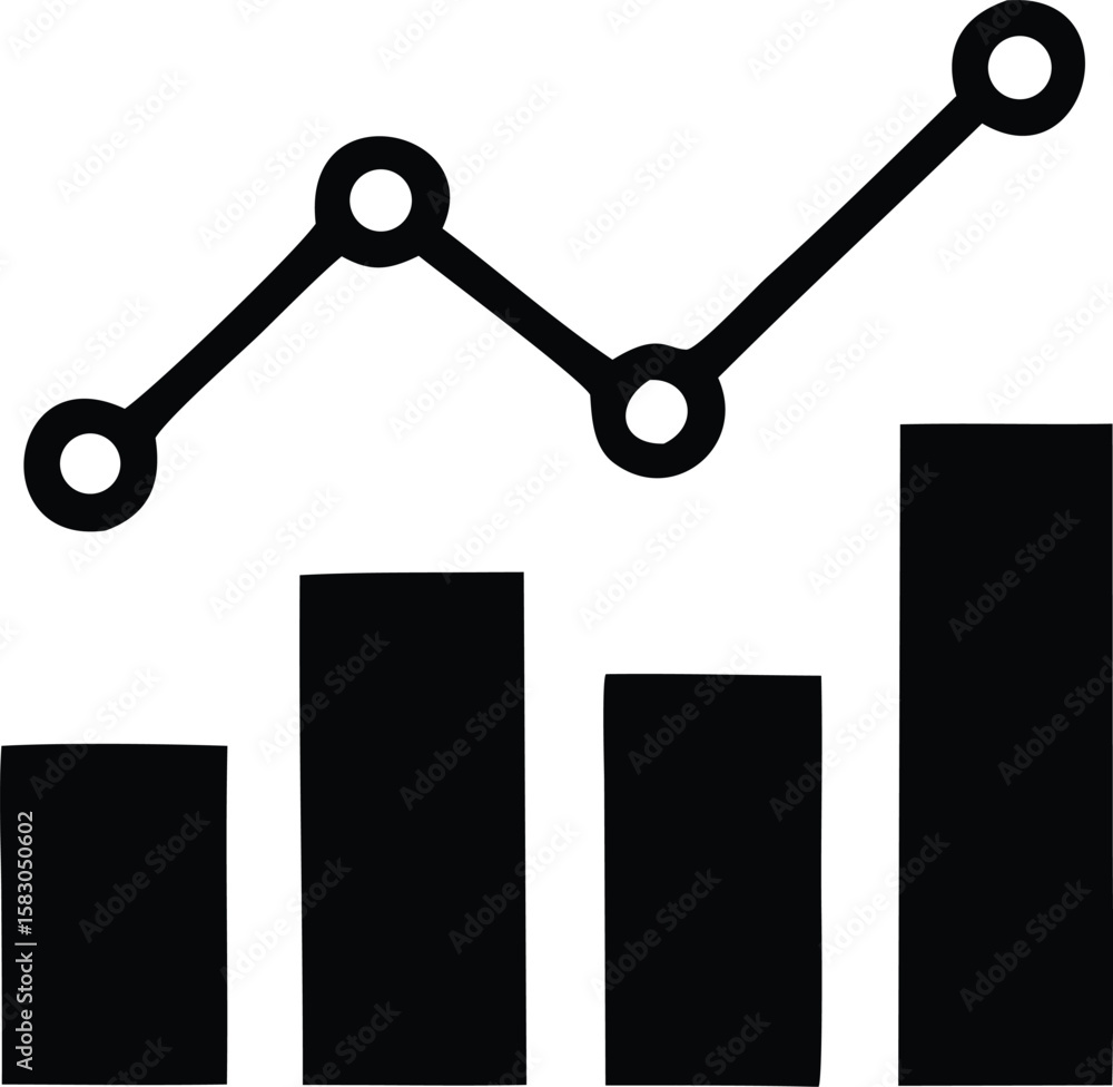 Poster simple black and white icon representing a bar chart with a line graph overlay showing upward trend 