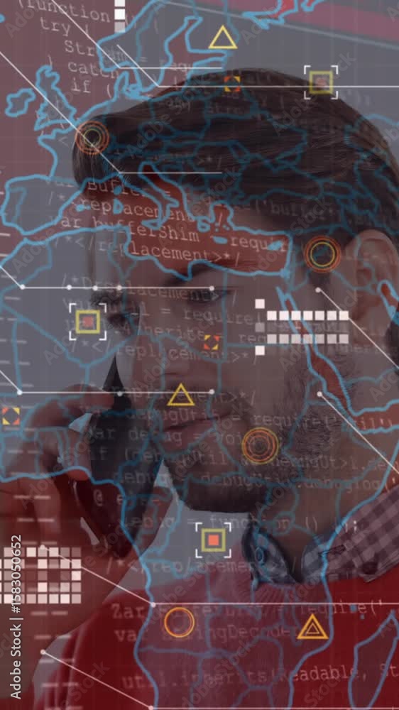 Poster animation of data processing over world map against caucasian man talking on smartphone