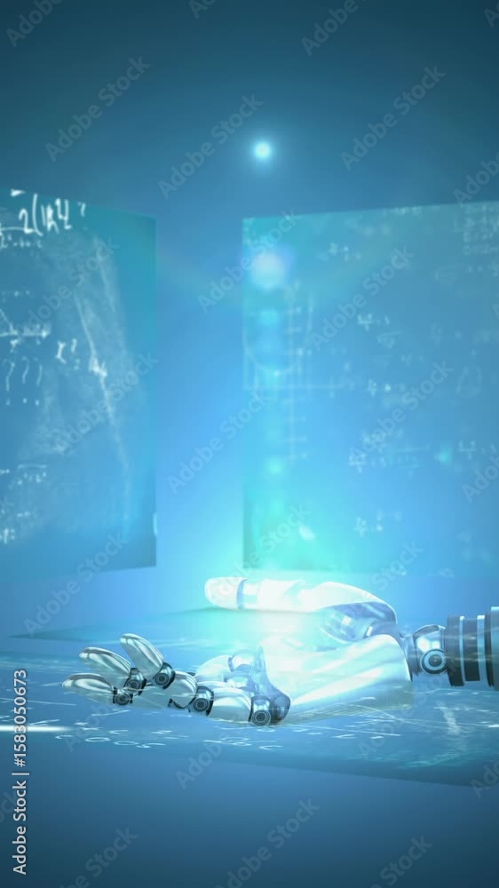 Poster animation of light over robot's arm and data processing on screens