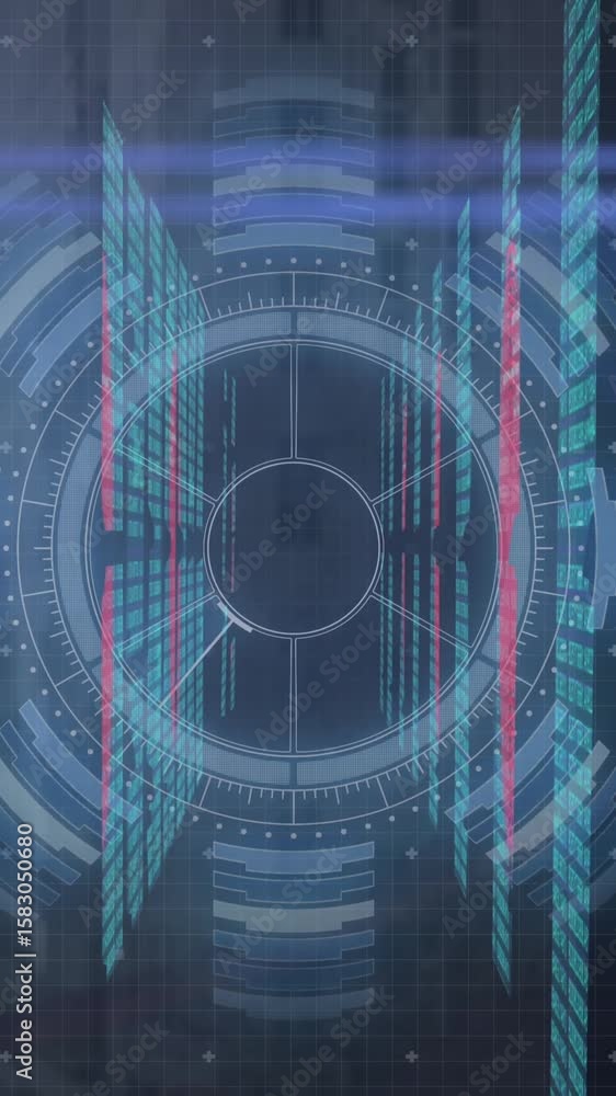 Poster animation of multiple screens with data processing and neon round scanner against tall buildings