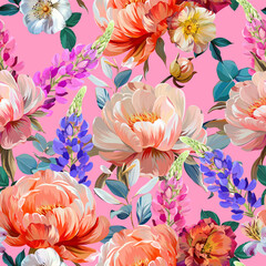 Pattern with peonies and lupine flowers, roses, rose hips. Vector floral pattern with summer flowers and peonies. For paper, fabric, packaging and interior design.