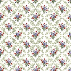 Seamless floral pattern featuring watercolor bouquets of red poppies and purple wildflowers on a vintage green damask background. Elegant and romantic design perfect for textiles and decor