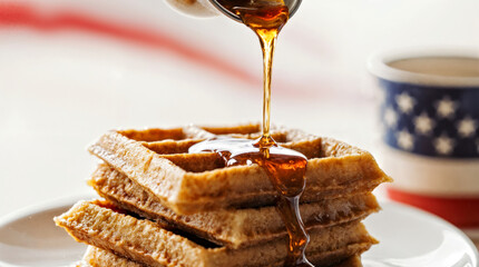 Delicious Stack of Waffles Drizzled with Maple Syrup and Morning Coffee. National Waffle Day concept