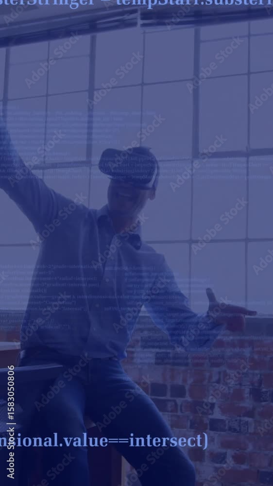 Poster celebrating business team in office with programming code animation over them