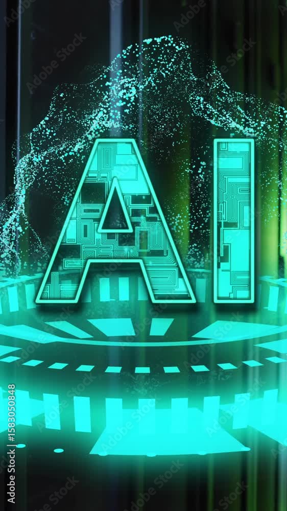 Aufkleber ai text and digital particles animation over server room background